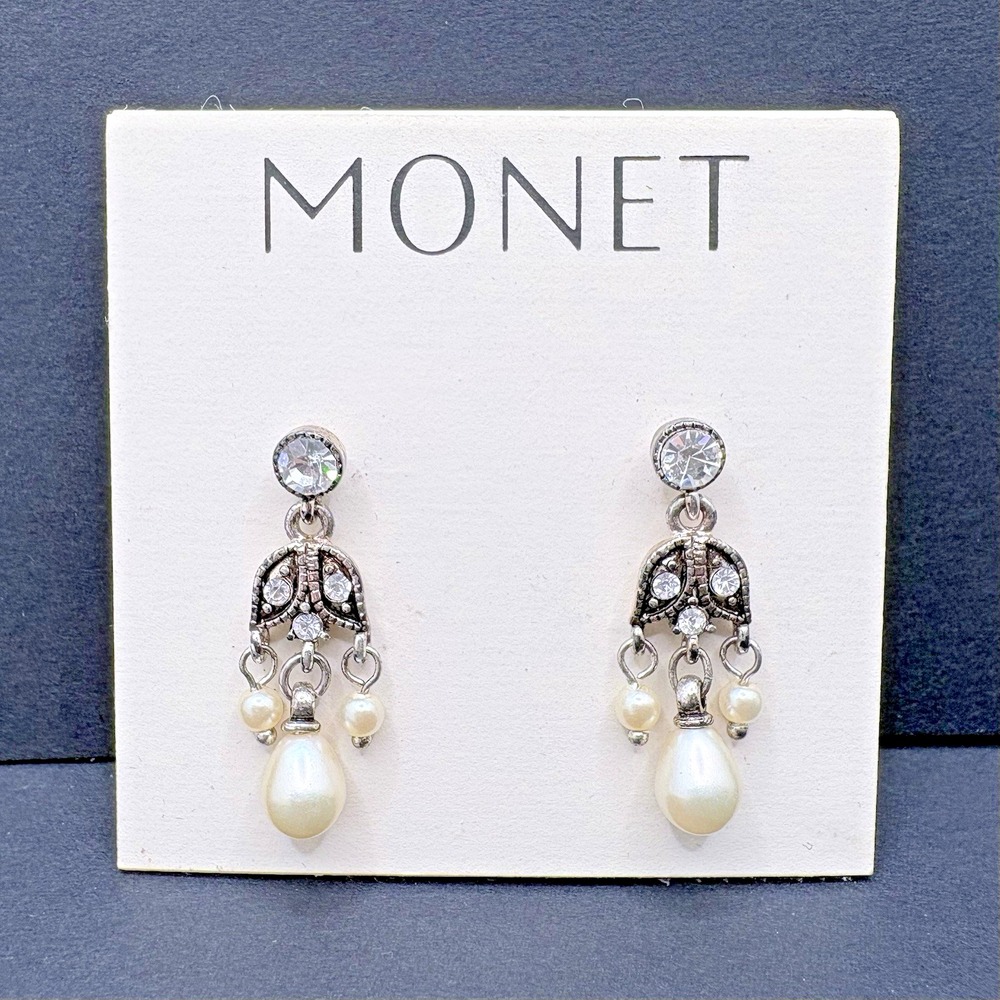 Monet Chandelier Drop Rhinestone Pierced Earrings Silver Tone Faux Pearl
